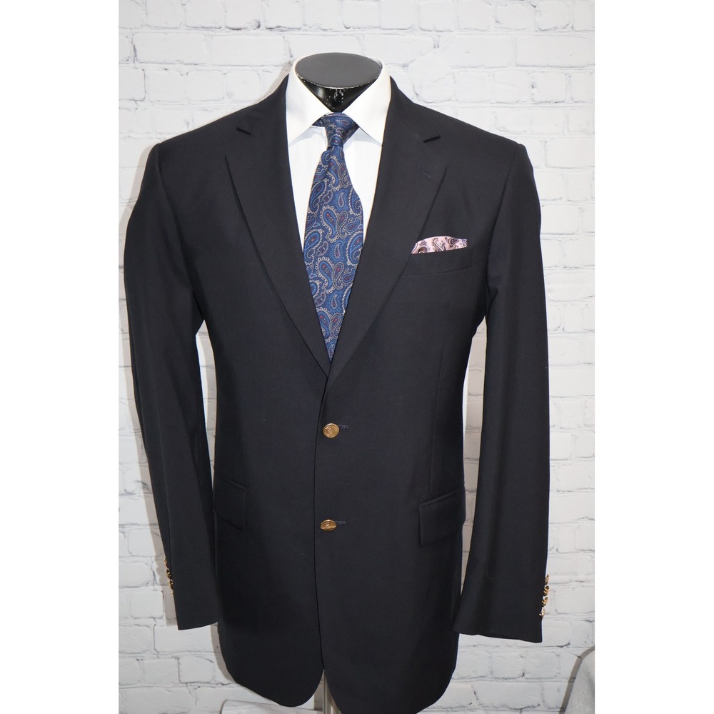 Jos. A. Bank Blazer Mens 40L Navy Blue Gold Button Wool Two Button Sport Coat
